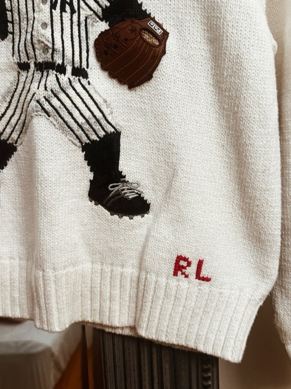 Polo Ralph Lauren Cream Baseball Bear Crewneck Sweater - Picture 4 of 6